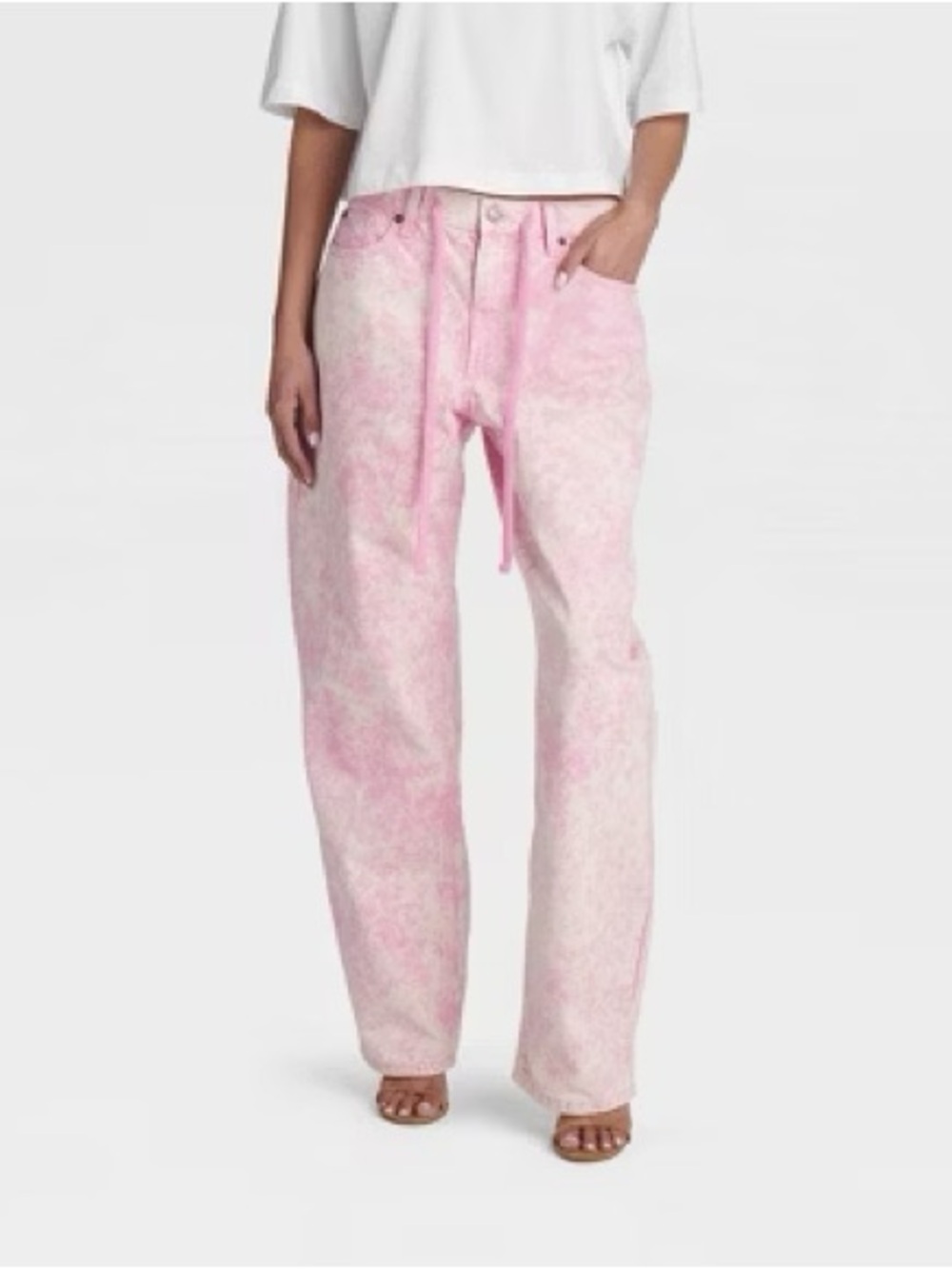 NWT KBB by Kahala Soft Pink Tie-Dye Wide Leg Jeans with Drawstring size 12
